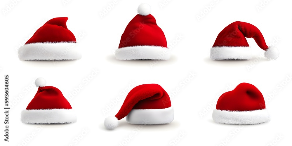Six red and white Santa hats isolated on a white background.