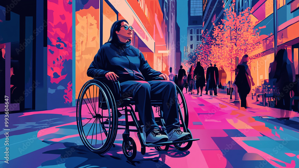 Celebrating Disabilities Day with a vibrant urban exploration in a wheelchair during the afternoon