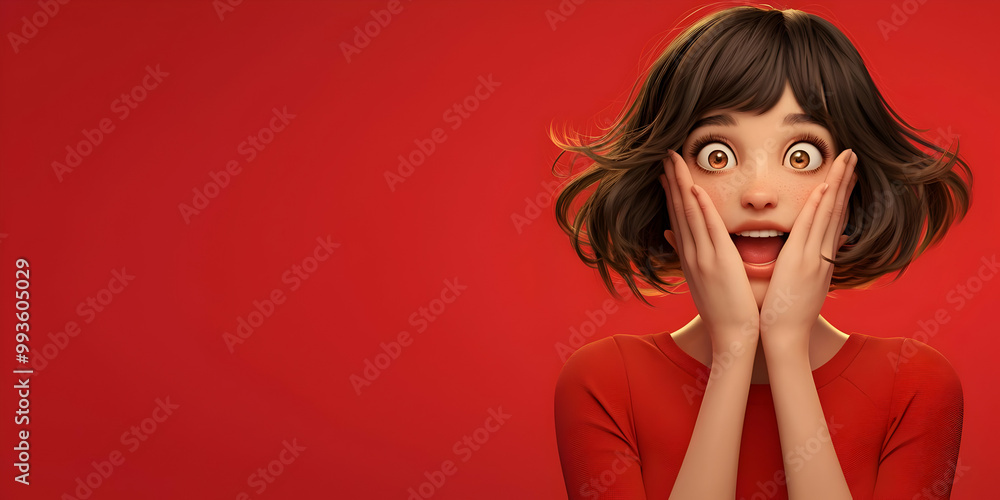 Surprised Girl with Copy Space, Red Background, Cartoon Style Surprised Girl with Copy Space, Red Background, Cartoon Style