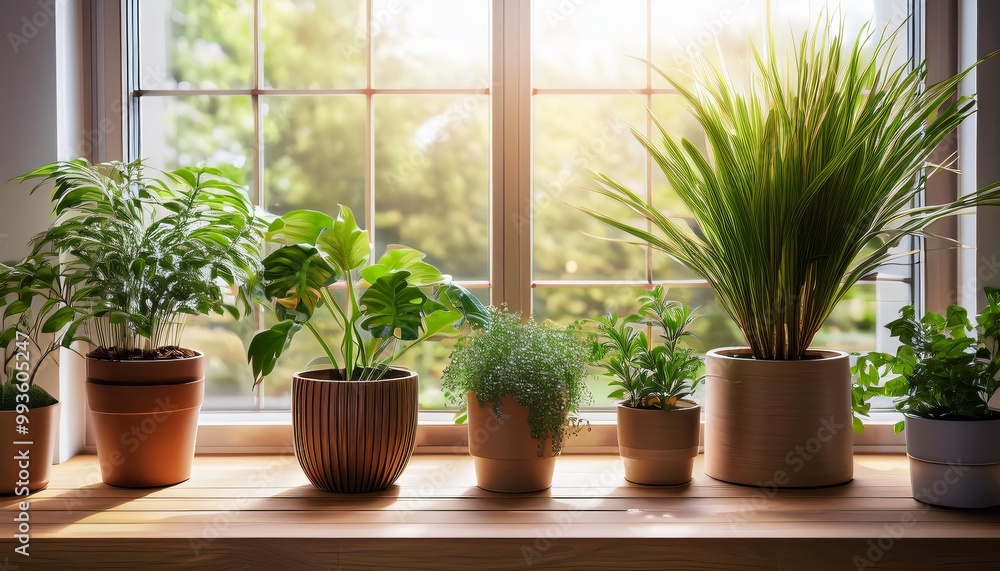 Several green houseplants soaking up the sun in terracotta pots, sitting on a wooden windowsill Several green houseplants soaking up the sun in terracotta pots, sitting on a wooden windowsill
