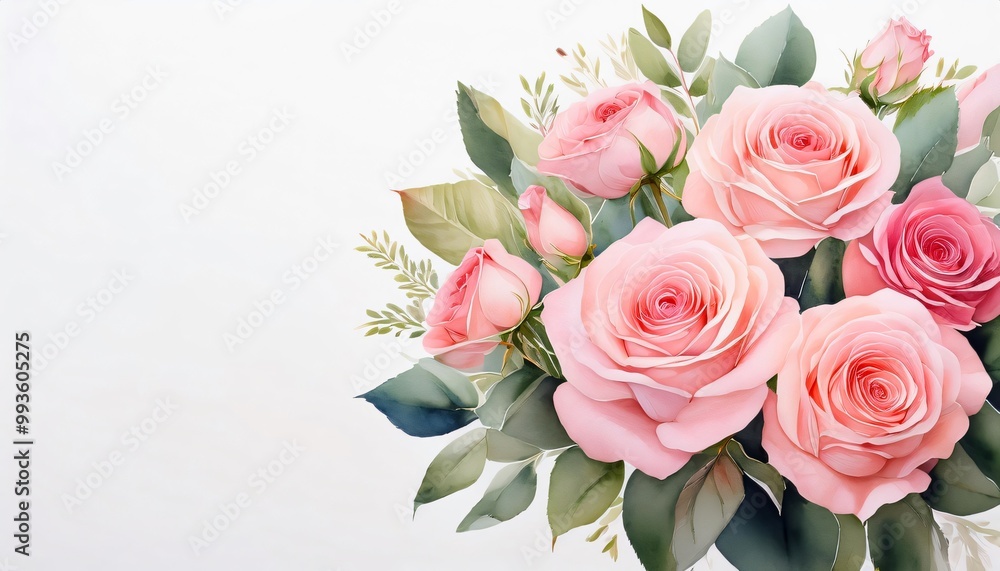 Romantic and elegant watercolor painting of a pink rose bouquet with lush green foliage Romantic and elegant watercolor painting of a pink rose bouquet with lush green foliage