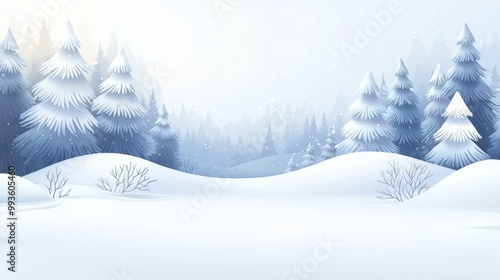 Winter landscape with snow-covered trees and hills, serene and tranquil atmosphere.