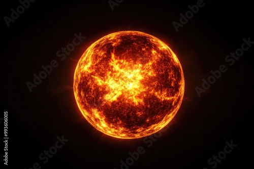 The sun isolated on a black background, the sun's surface with bright, glowing flames and radiance.