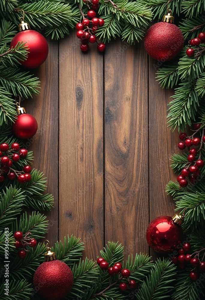 An ornamental background with pine branches, red berries, and ornaments decorates this rustic wooden setting for the holidays An ornamental background with pine branches, red berries, and ornaments decorates this rustic wooden setting for the holidays