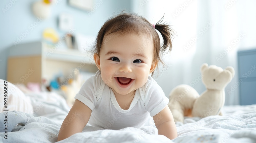 A heartwarming portrait of a happy baby girl playing in her cozy bedroom