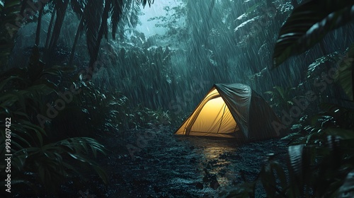 Yellow tent illuminated in a misty rainforest during heavy rain surrounded by wet tropical plants photo