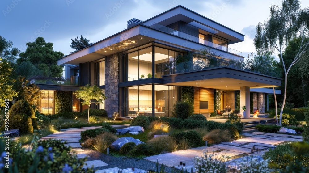 Modern house with glass walls set in a landscaped garden during twilight. Modern house with glass walls set in a landscaped garden during twilight.
