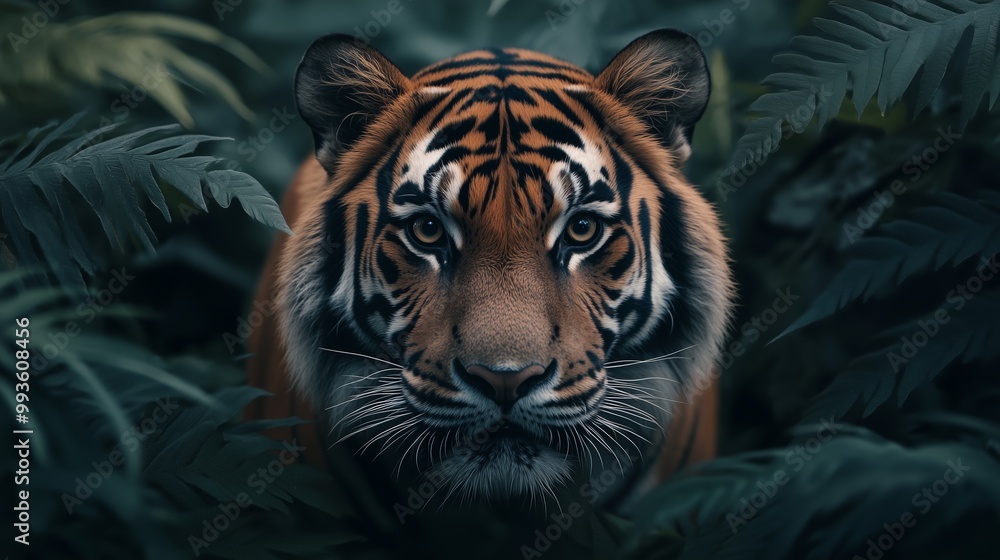 A tiger in the jungle, facing the camera, surrounded by dark green leaves.