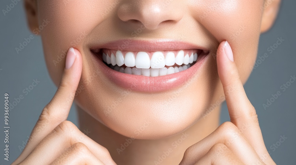 Obraz premium Close up Portrait of a Smiling Woman Showcasing Her Bright Healthy Teeth