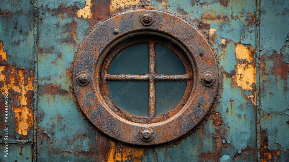 Rusty metal surface with a circular window frame Rusty metal surface with a circular window frame