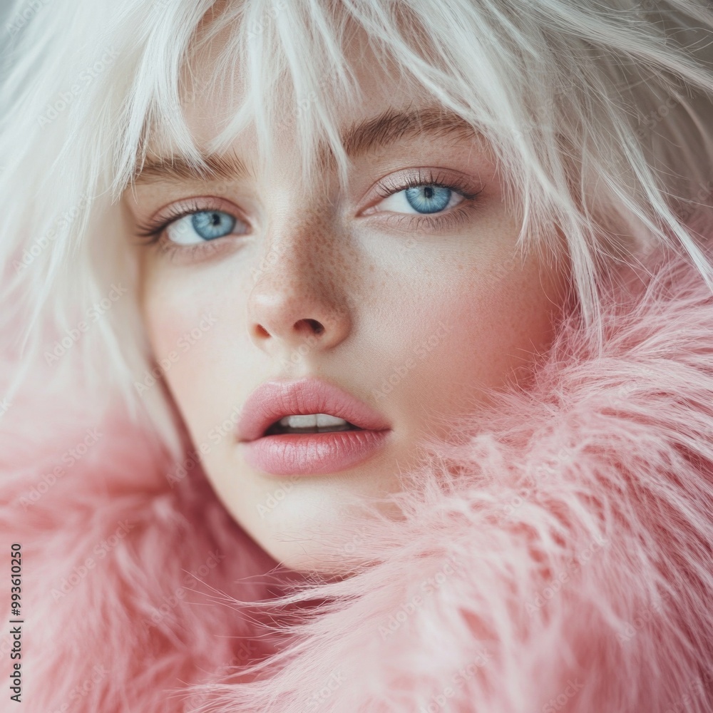 A beautiful model in a pink fur coat, with white hair and blue eyes, in a studio shot, a beauty portrait photograph. A beautiful model in a pink fur coat, with white hair and blue eyes, in a studio shot, a beauty portrait photograph.