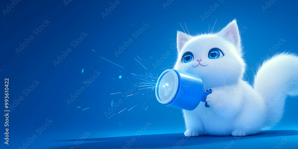 Cute White Kitten Holding a Blue Flashlight, Shining Brightly Against a Blue Background, Copy Space Cute White Kitten Holding a Blue Flashlight, Shining Brightly Against a Blue Background, Copy Space