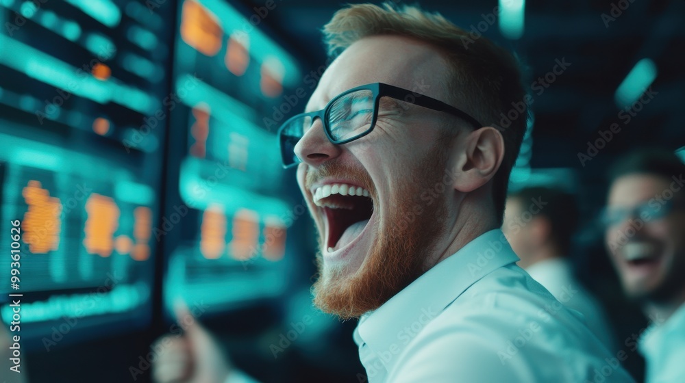 Fototapeta premium A joyful man with glasses celebrates a successful moment in a modern office, surrounded by bright digital screens and excited colleagues.