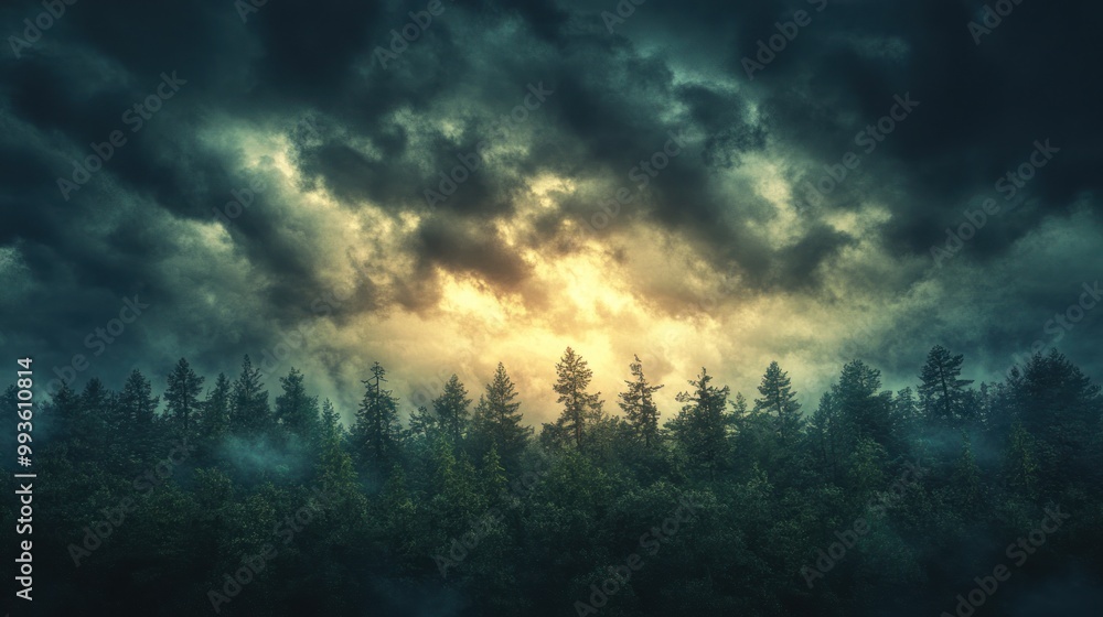 Naklejka premium Dark Forest and Stormy Skies