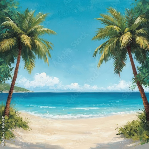 Tropical beach scene with palm trees and ocean, serene paradise setting.