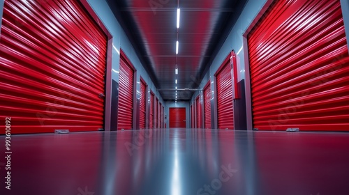 Red roller shutter doors in a storage unit for self-storage and climate control