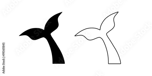 Symbol of whale tail. Abstract black and white dolphin silhouettes for tattoo. Emblem of fish tail.