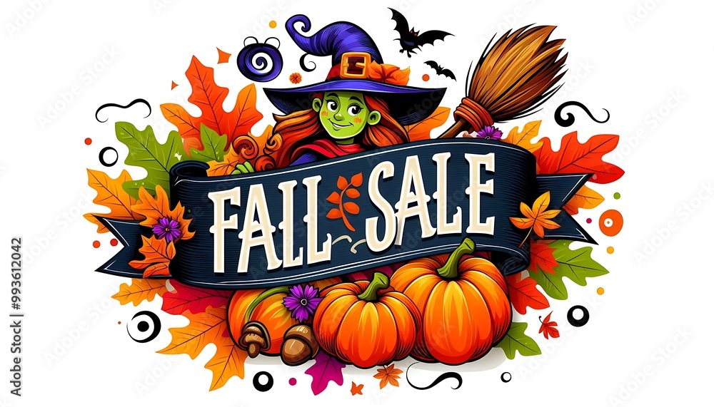 fall sale color banner with pumpkins, witch and yellow leaves,generative ai fall sale color banner with pumpkins, witch and yellow leaves,generative ai