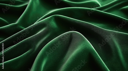 Green velor fabric background. Green velvet fabric with folds background. Emerald green velour fabric. photo