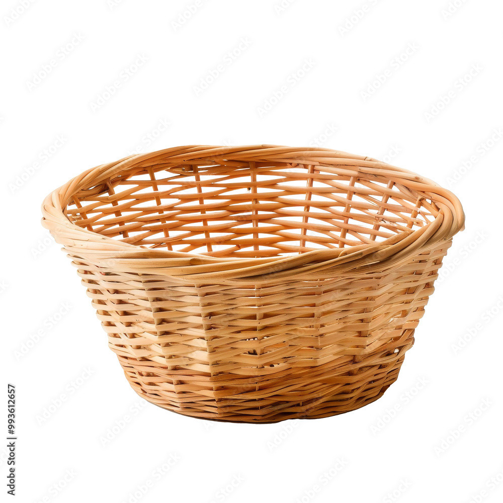 Empty wicker basket, isolated, showcasing natural woven texture and rustic charm Empty wicker basket, isolated, showcasing natural woven texture and rustic charm