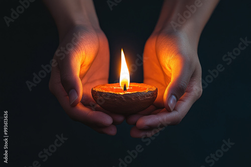 Closeup of hands lighting a Diwali diya with oil and flame, warm glowing light, Lighting diya, Symbol of light and hope photo