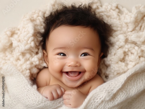 Playful and Joyful Newborn Girl with a Big Smile Wrapped in a Cozy Blanket