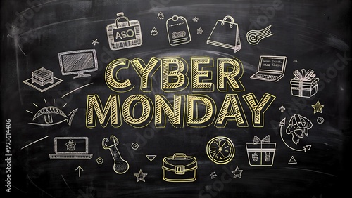 Chalkboard style Cyber Monday text accompanied by hand-drawn doodles for promotional advertising. photo