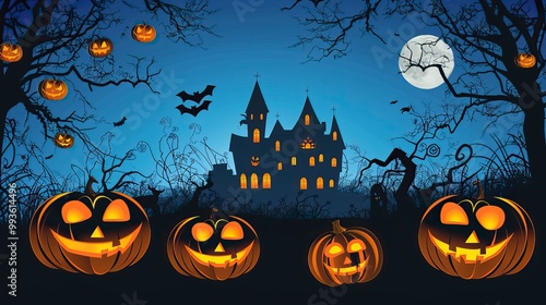 Free vector halloween background with pumpkins and haunted house, Happy Halloween