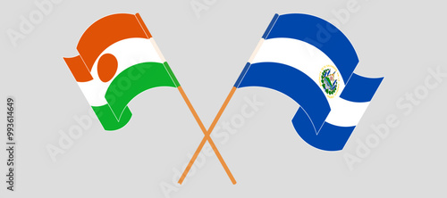 Crossed and waving flags of Niger and Republic of El Salvador. Vector illustration