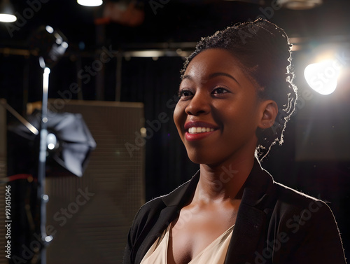 Contestant smiles during backstage interview, sharing thoughts on upcoming competition with microphone in hand. photo