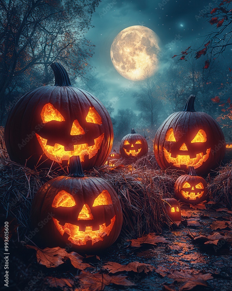 Fototapeta premium Spooky Halloween Night with Glowing Pumpkins