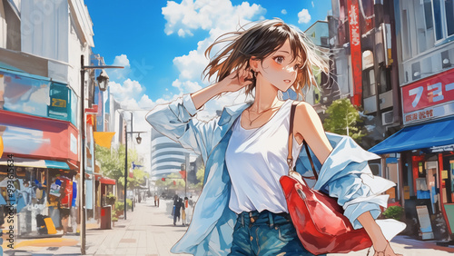 博多の街を歩く赤いバッグを持ったカジュアルな女性