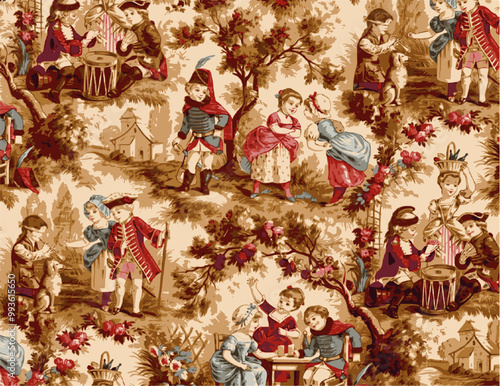 A pattern of children in Regency era clothing playing in a idyllic outdoor setting. photo