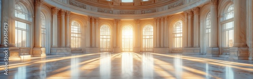 Spacious marble hall with towering columns, arched ceilings, and streaming sunlight