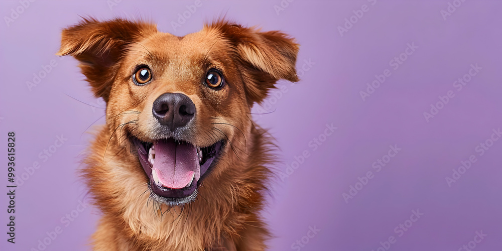 Happy Dog with Copy Space, Purple Background Happy Dog with Copy Space, Purple Background