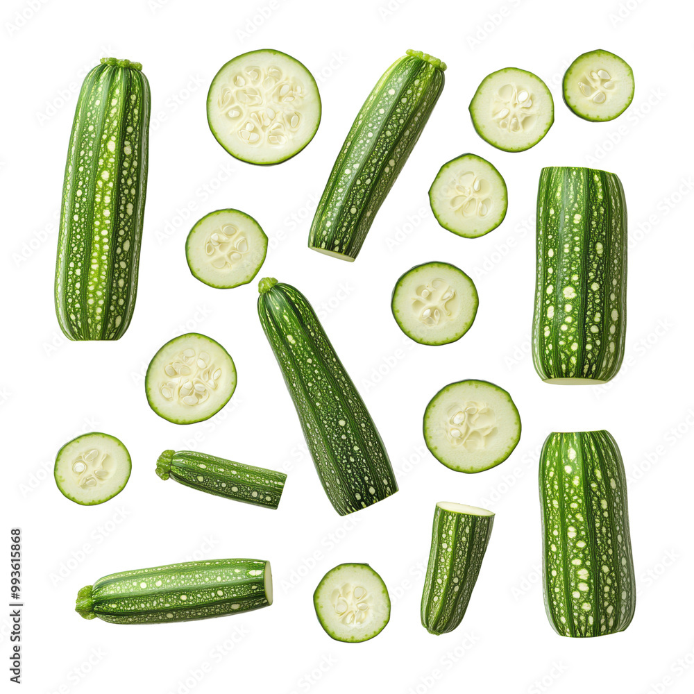 A close up of many pieces of zucchini with some of them cut in half on a white background A close up of many pieces of zucchini with some of them cut in half on a white background