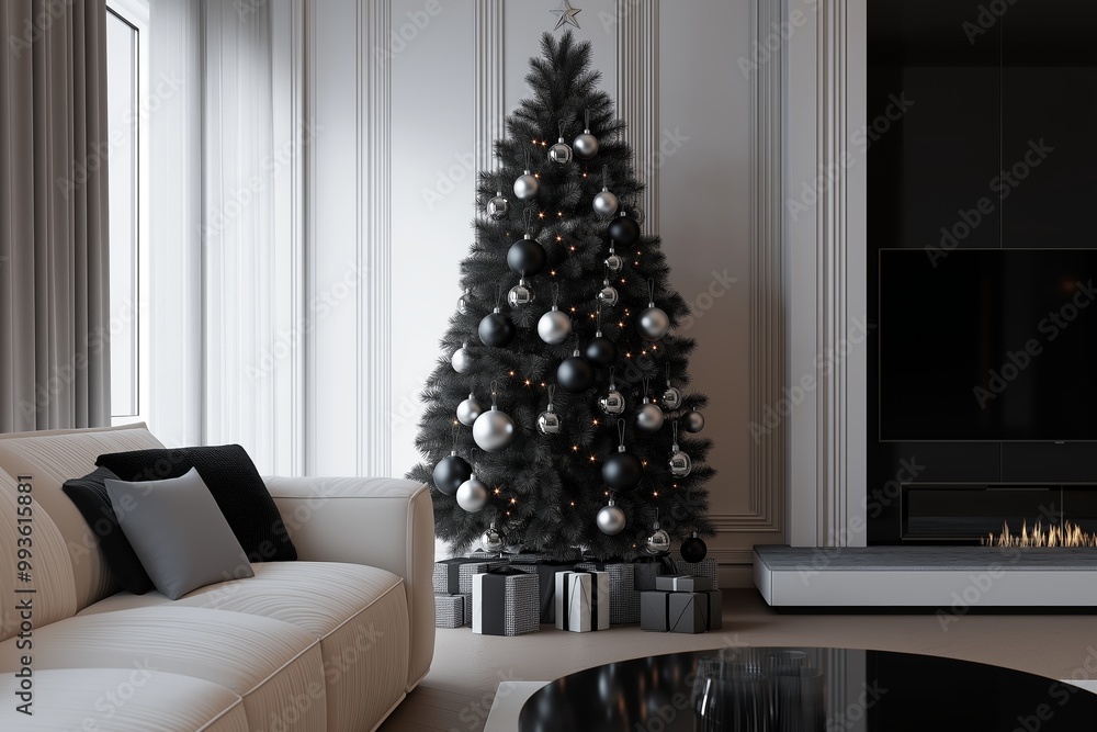 A stylish black and silver Christmas tree in a modern minimalist living room setting A stylish black and silver Christmas tree in a modern minimalist living room setting