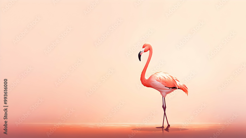 Fototapeta premium A Pink Flamingo Stands Tall Against a Soft Pink Sky, Ready for Your Copy Space
