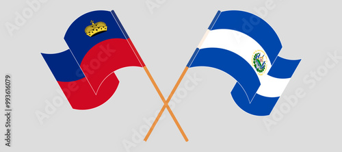 Crossed and waving flags of Liechtenstein and Republic of El Salvador. Vector illustration