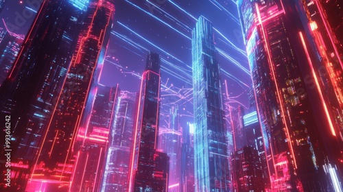 A vibrant, futuristic cityscape illuminated by neon lights and digital elements.