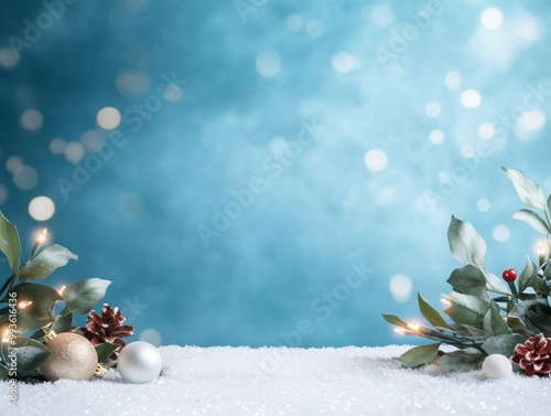 Tranquil Winter Scene with Sparkling Snowfall and Festive Foliage photo