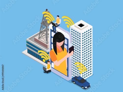 Smart City Technology Concept with Wireless Connectivity and Mobile Devices 3d isometric vector illustration