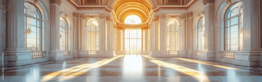 Spacious marble hall with towering columns, arched ceilings, and streaming sunlight Spacious marble hall with towering columns, arched ceilings, and streaming sunlight