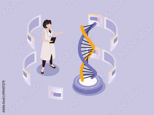 Medical Professional Analyzing Genetic Data with DNA Helix 3d isometric vector illustration