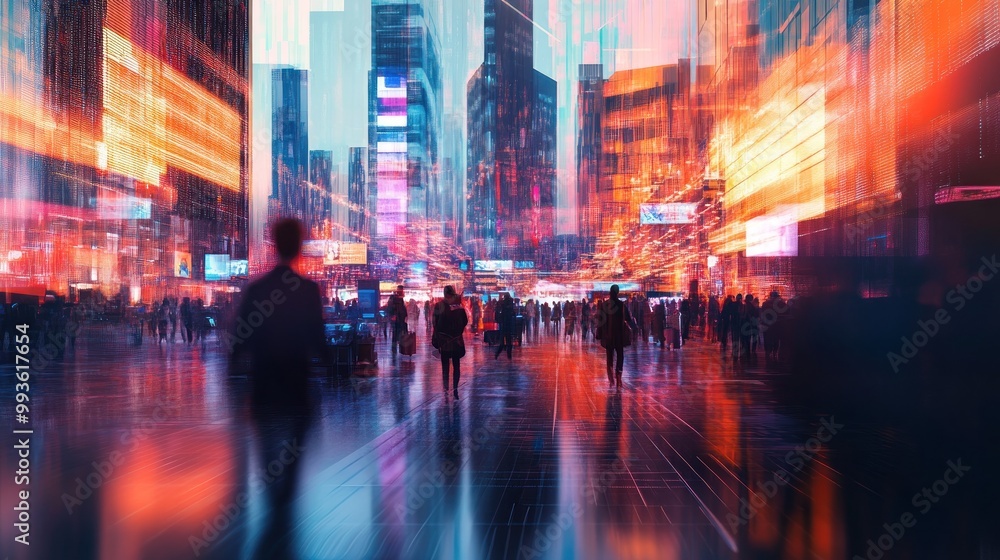 Fototapeta premium A vibrant cityscape with blurred figures, showcasing urban life and movement.