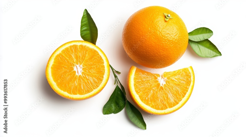 Whole Orange with Perfectly Cut Slices on White Background Whole Orange with Perfectly Cut Slices on White Background