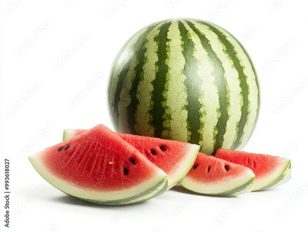 Whole Watermelon with Slices Arranged Next to It on White Background Whole Watermelon with Slices Arranged Next to It on White Background