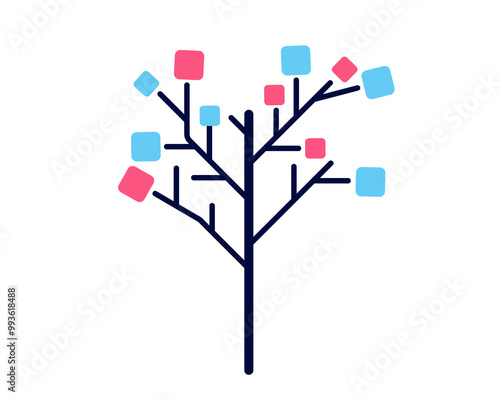 Decision tree icon with colorful squares on branch. Abstract tree in minimalistic style.