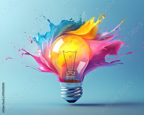 A light bulb with half-painted bright colors, artist's brush creating flowing strokes of creativity, abstract yet simple flat design, pastel palette photo