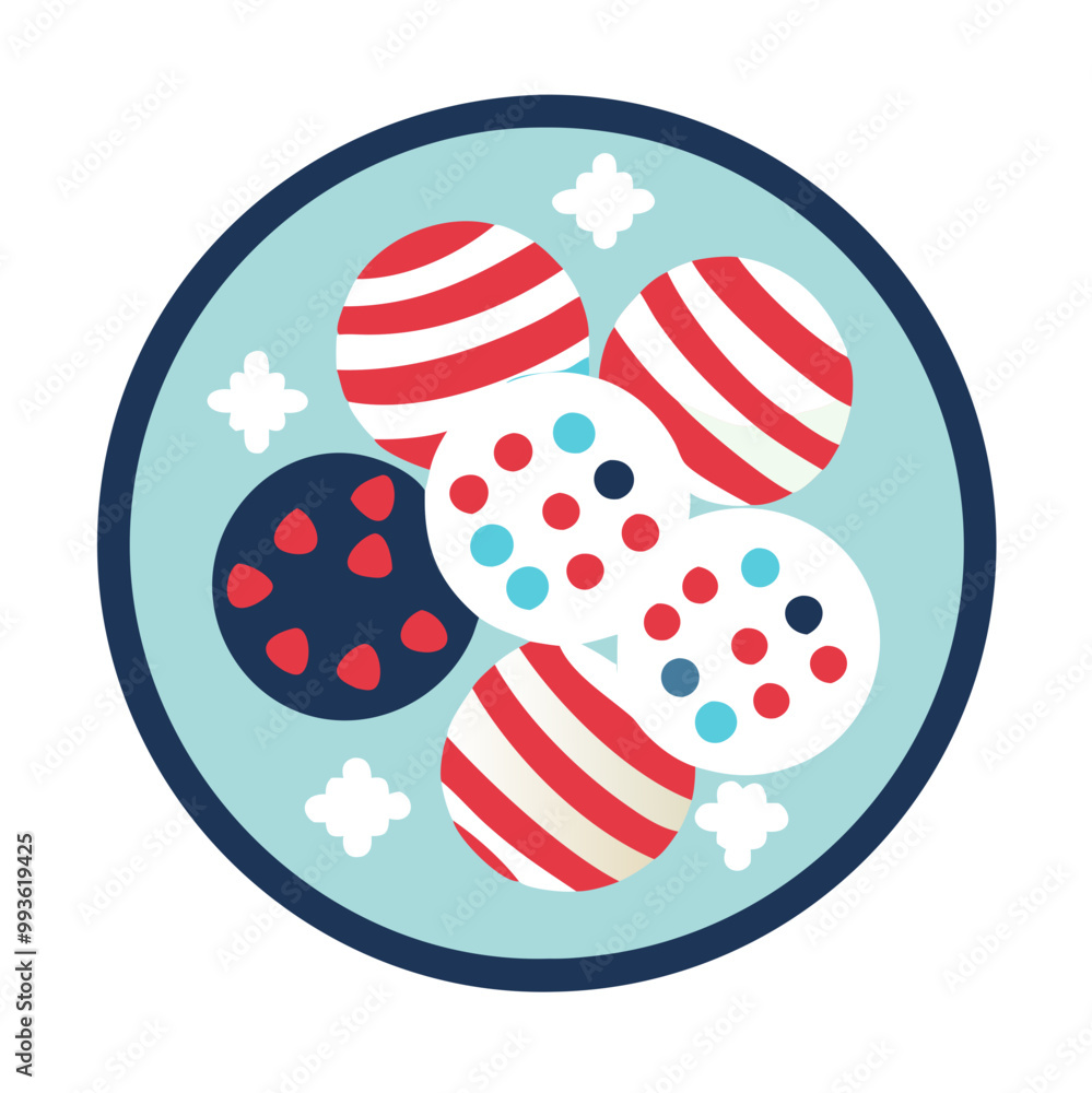 Obraz premium A blue and white plate with a red and white design. The plate is filled with various colored candies